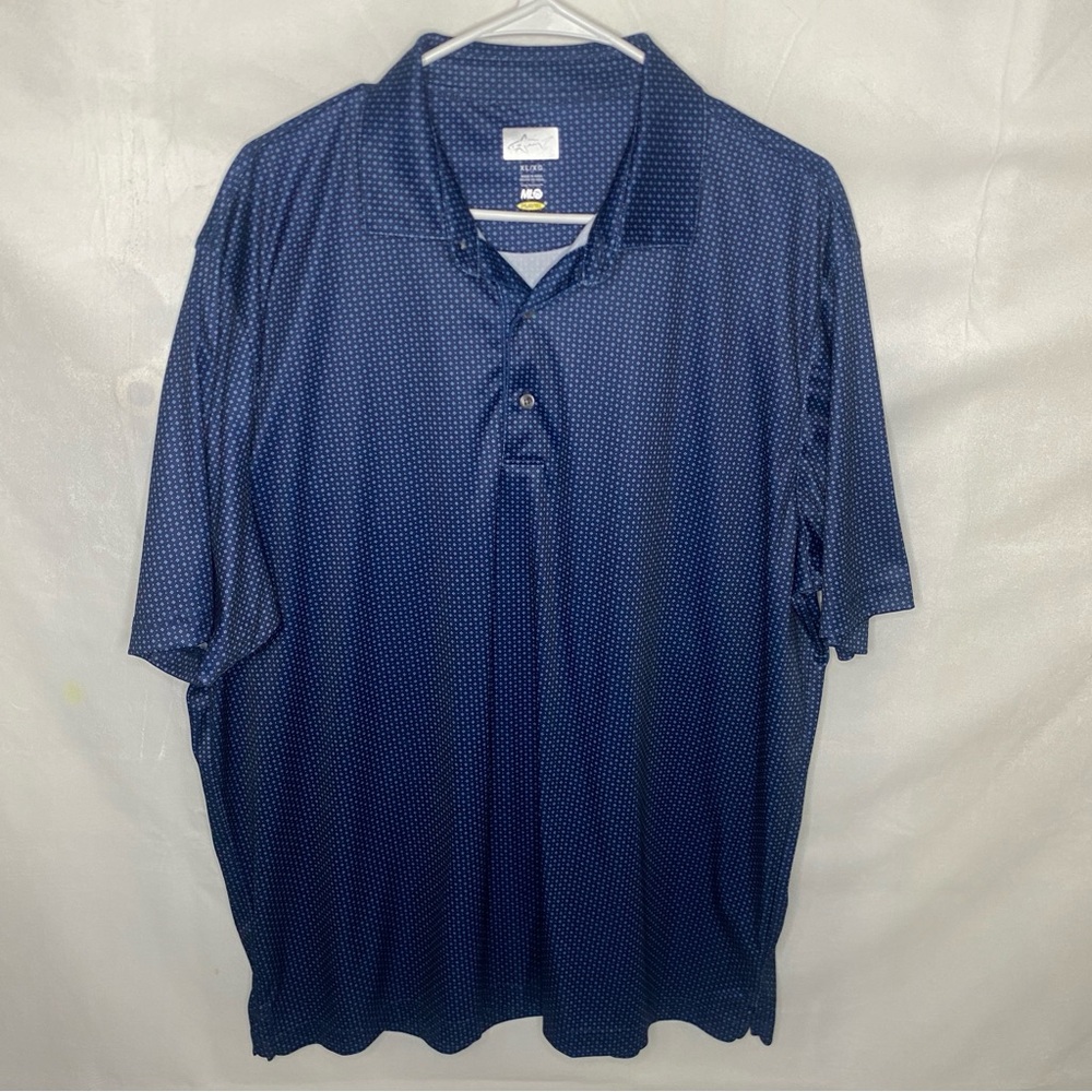 Greg Norman ML75 Men's Polo Shirt XL Navy Blue Micro Geo Print Golf Performance